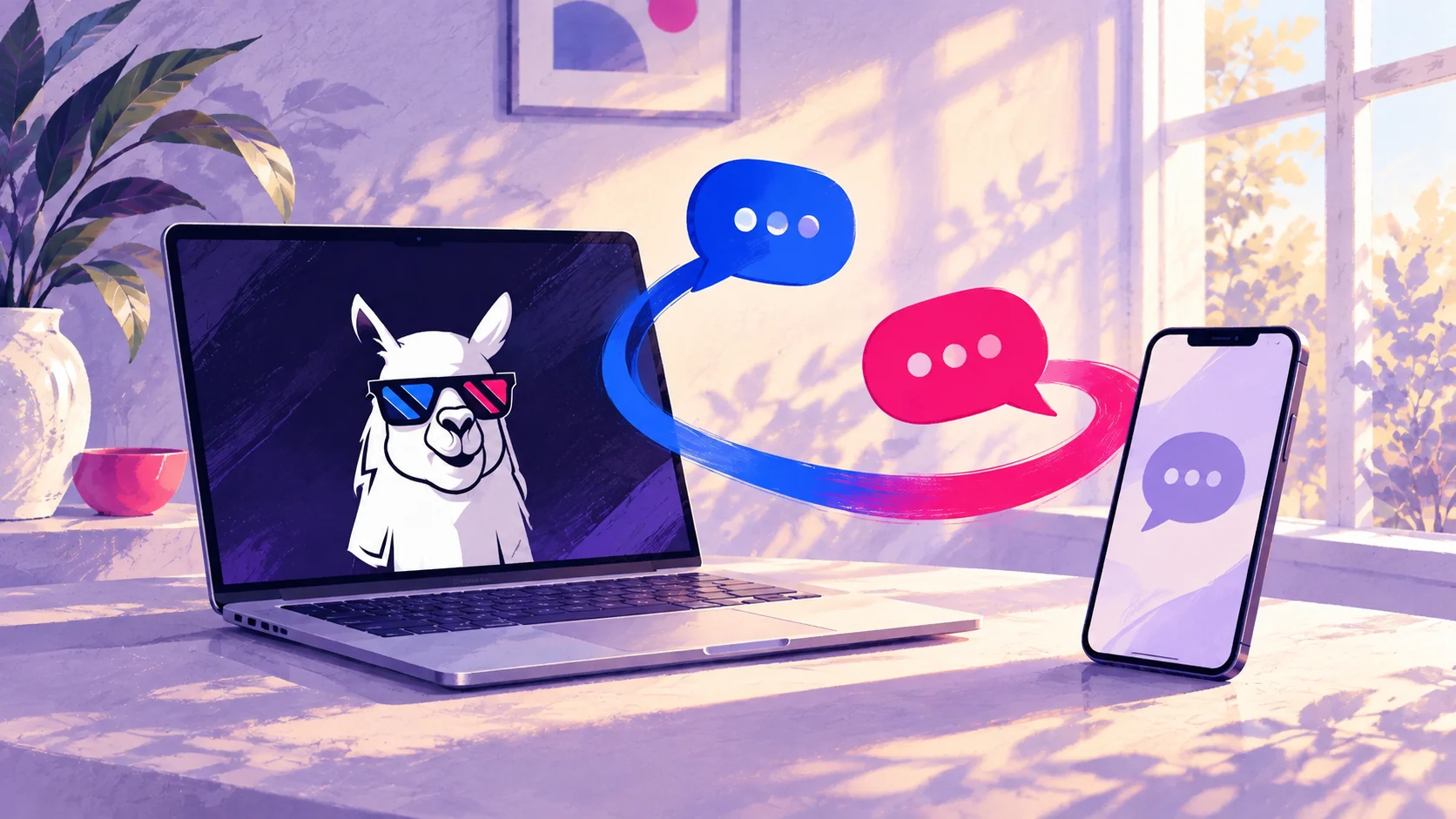 Ноутбук с маскотом Lama и телефон, между ними синие и розовые облака диалога